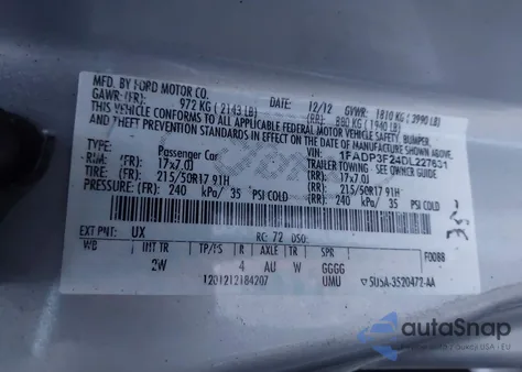 2013 Ford Focus Se из США, поврежденный, VIN 1FADP3F24DL227631